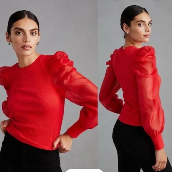 Anthropologie Dolan Red Ribbed Sheer Puff Sleeve Fitted Sweater